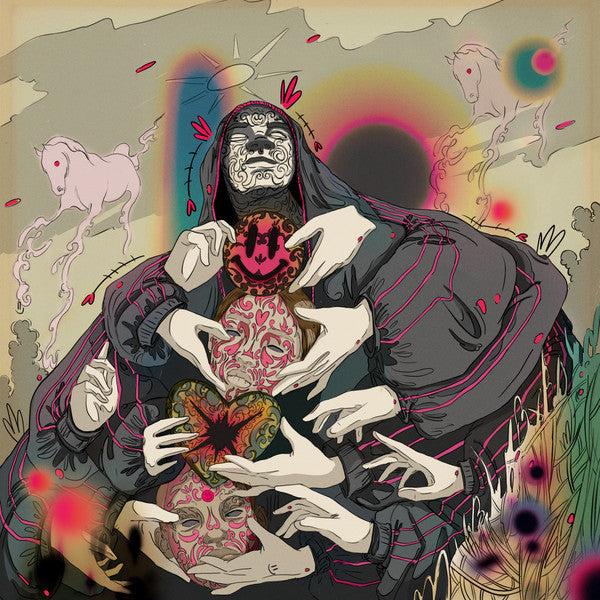 Illustration of a figure with many hands, surrounded by abstract shapes and horses.