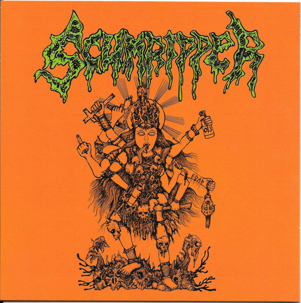 Orange album cover with green dripping logo and a multi-armed figure over skulls.