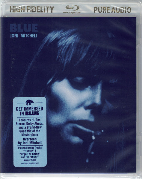 Blu-ray case for Joni Mitchell’s “Blue” album, featuring a portrait of the artist.