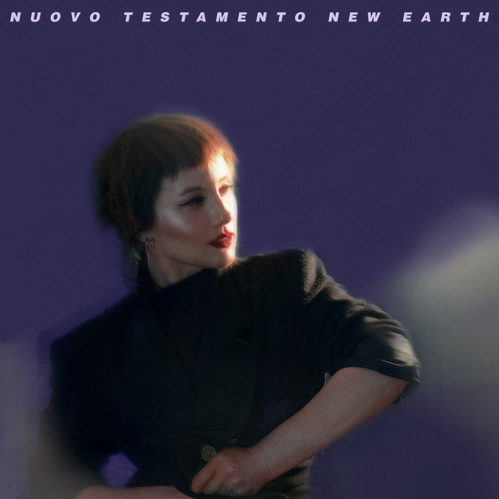 Painted portrait of a woman in a dark suit, bathed in purple light.