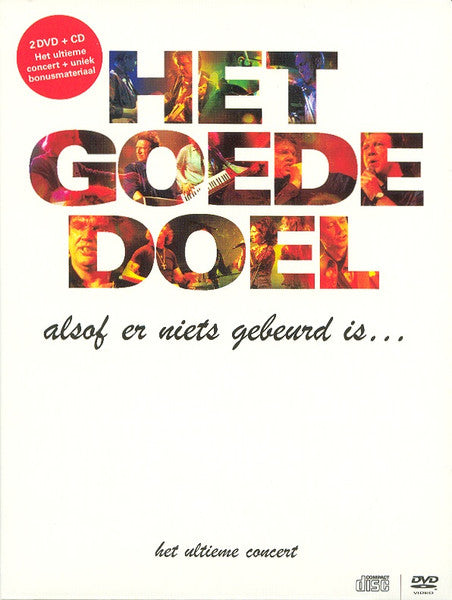 DVD cover for “Het Goede Doel” concert, featuring band members’ photos.