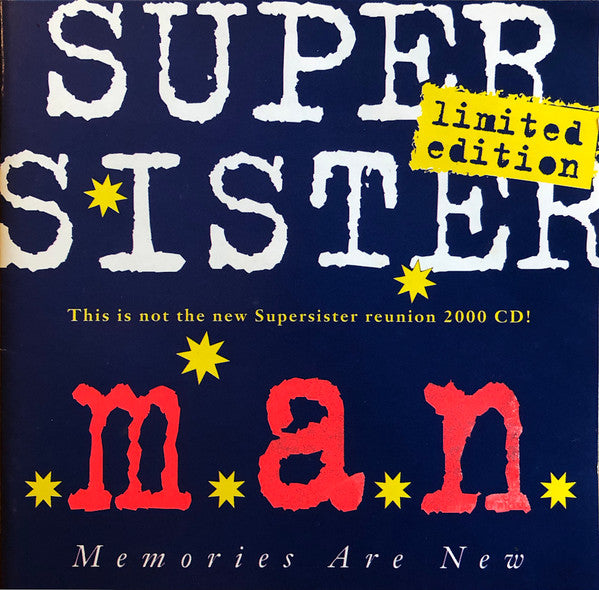 Supersister "M.a.n" CD cover with red and white text, and star motifs.