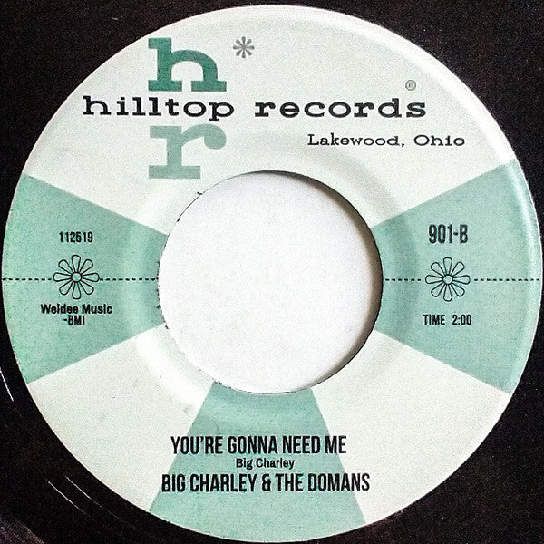 Close-up of a light blue and white 45 RPM record label with text.