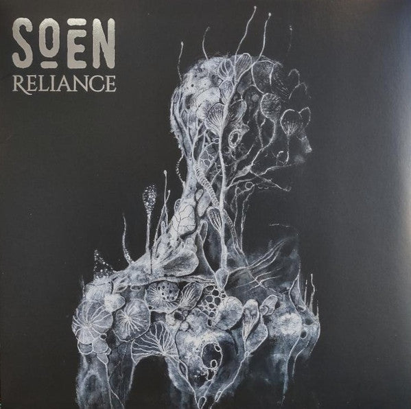 Soen’s “Reliance” vinyl album cover: black background, white skeletal illustration.