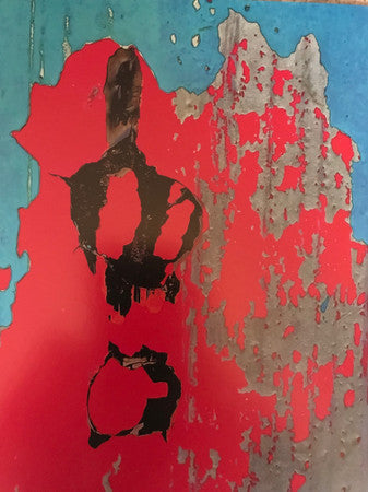 Vinyl record cover with abstract red, black, and silver paint texture.