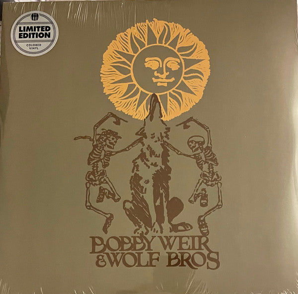 Vinyl record cover with a sun illustration and dancing skeletons.