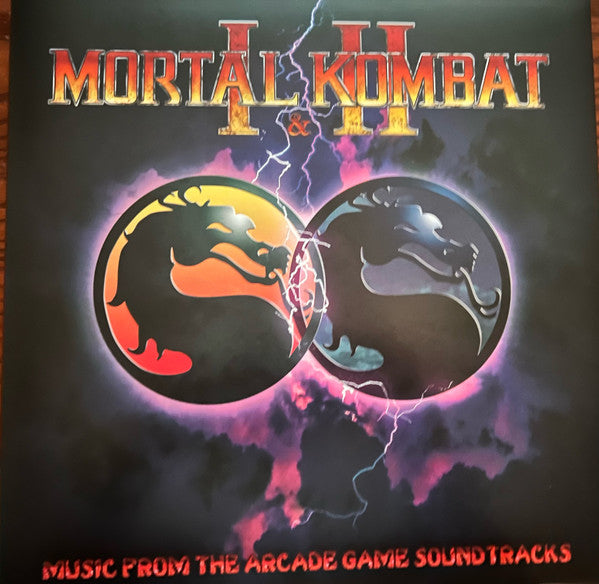 Mortal Kombat 1 & 2 vinyl record cover with logo and lightning.