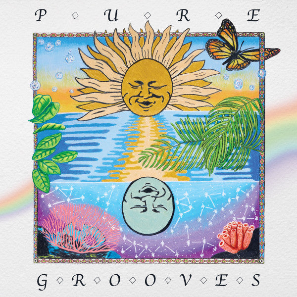 Vinyl record cover with a sun, butterfly, ocean, and floral design.