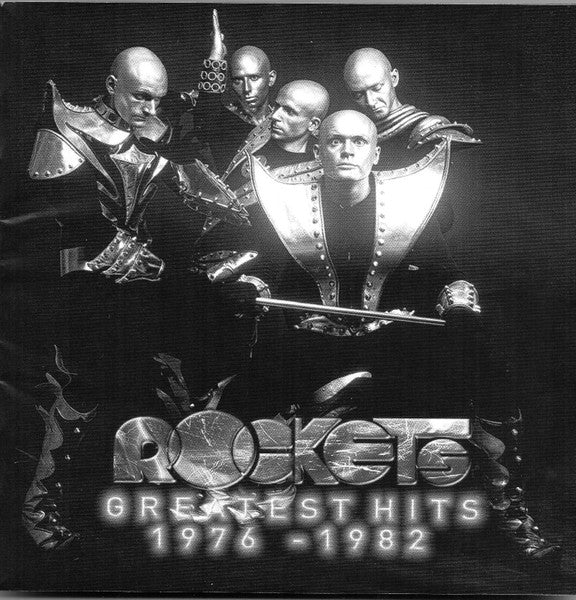Black and white album cover for “Rockets - Greatest Hits” featuring armored figures.