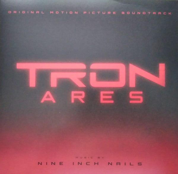 “Tron Ares” vinyl album cover with red, glowing title and black background.