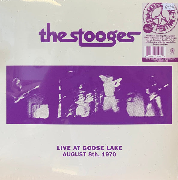 Purple Stooges album cover with band photo and concert details.