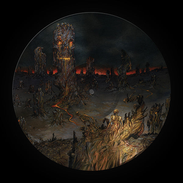 Cannibal Corpse picture disc vinyl: skeletal figures in a fiery landscape.
