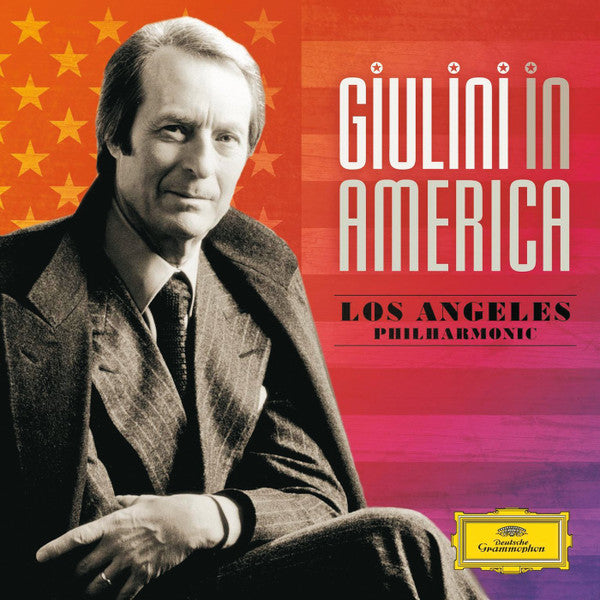 Carlo Maria Giulini portrait on vinyl album cover with American flag background.