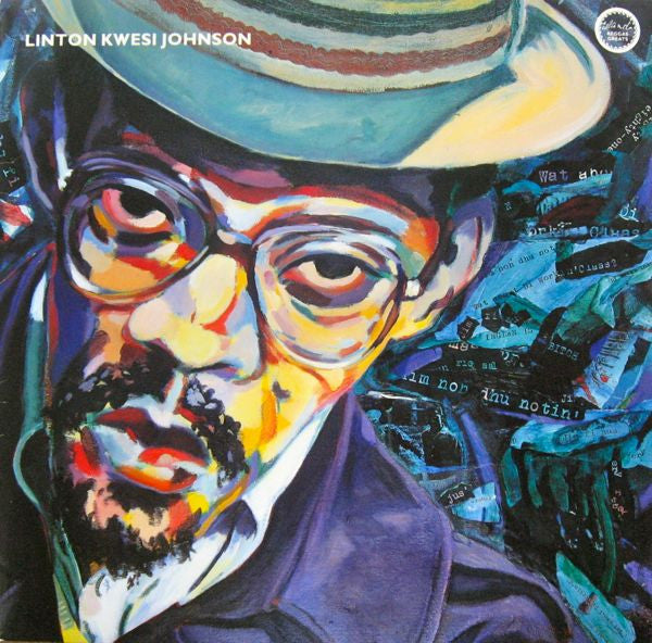 Painted portrait of Linton Kwesi Johnson wearing glasses and a hat.