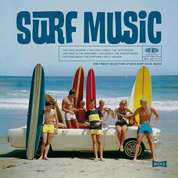 Album cover for "Surf Music Vol. 3" featuring surfers and surfboards.