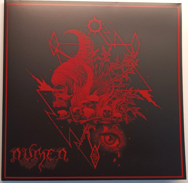 Black vinyl record cover with red occult imagery, skull, and eye.