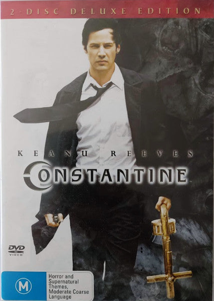 DVD cover for "Constantine" featuring Keanu Reeves and a golden cross.