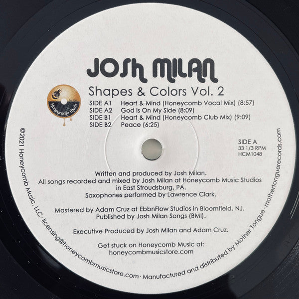 Black vinyl record label with white text: "Josh Milan - Shapes & Colors Vol. 2".