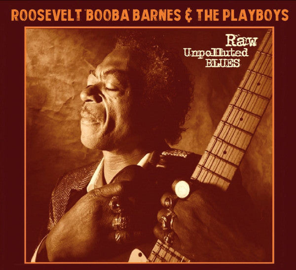 Close-up of a man playing a guitar, album cover for Roosevelt Barnes.