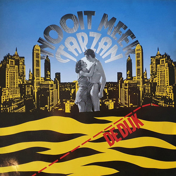 Vinyl record cover: couple embracing against a city skyline.