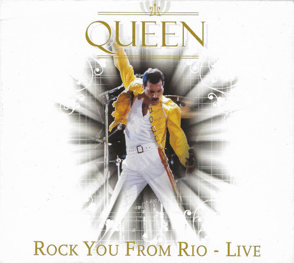 Queen album cover: Freddie Mercury performing in white suit, "Rock You From Rio".