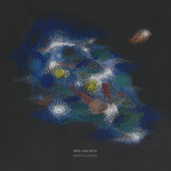 Dark abstract painting with blue, teal, and white brushstrokes; album cover.