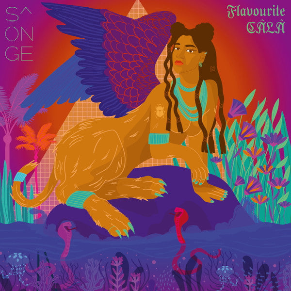 Vinyl album cover: illustration of a woman with a sphinx body.