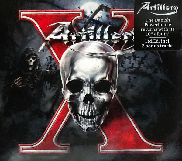 Artillery X CD cover: skull with large red "X" and shadowy figures.