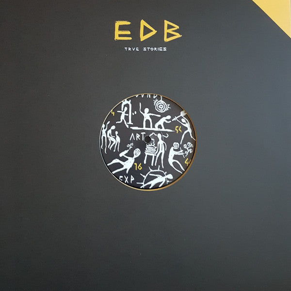 Black vinyl record cover with white line art and gold lettering.