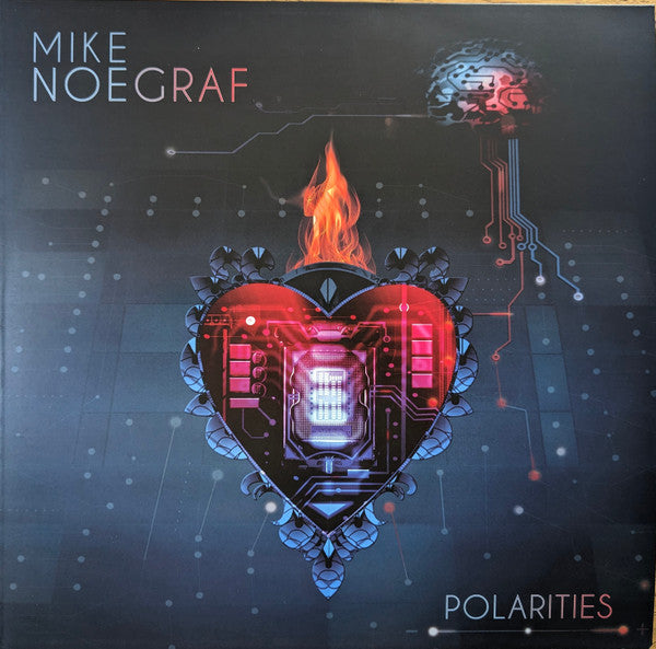 Vinyl record cover: robotic heart with flames, blue and red tones.