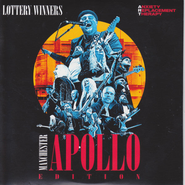 CD cover for The Lottery Winners’ “Anxiety Replacement Therapy” with band image.