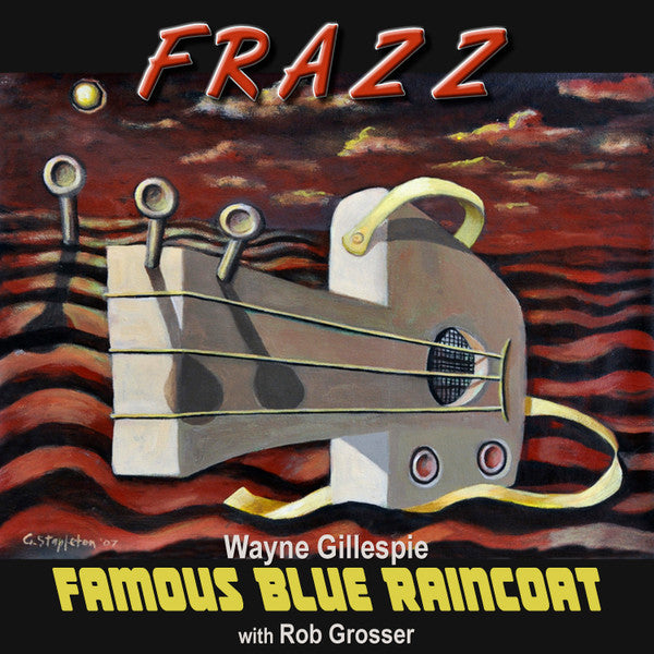 CD cover: abstract painting of a blue raincoat against a red sky.