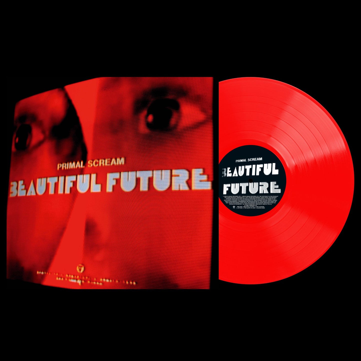 Primal Scream āBeautiful Futureā vinyl record with red and white label art.