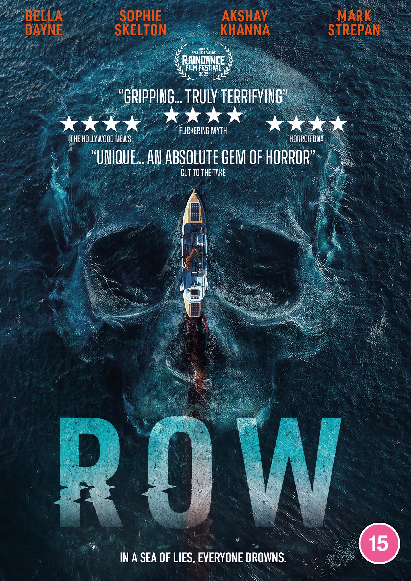 DVD cover for horror film "Row" featuring a skull-shaped ocean and small boat.