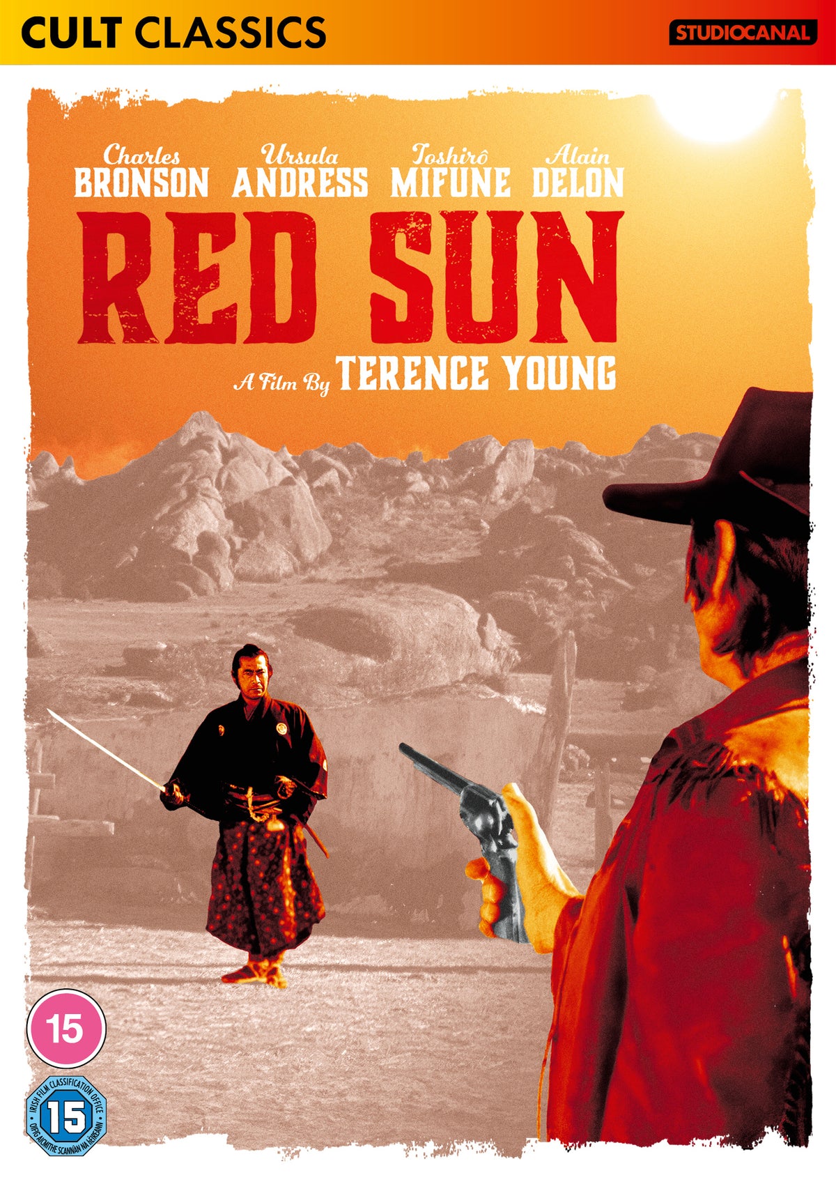 DVD cover for “Red Sun” featuring Bronson, Mifune, and a red sun.
