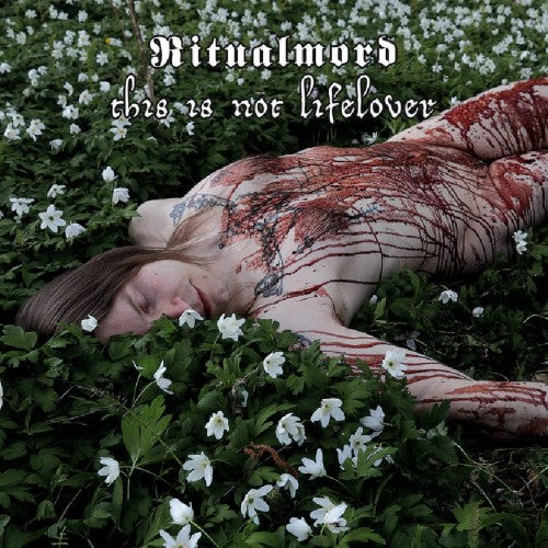 Album cover: person covered in red substance lying in white flowers.