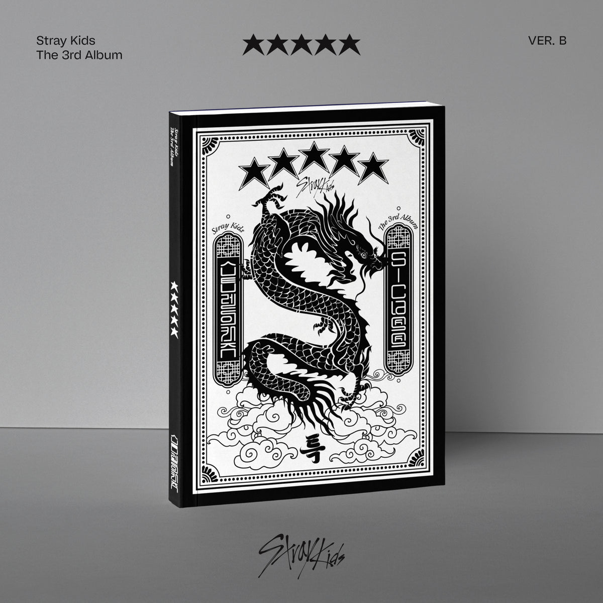 Gray album cover for Stray Kids' "5-STAR" with a central question mark.