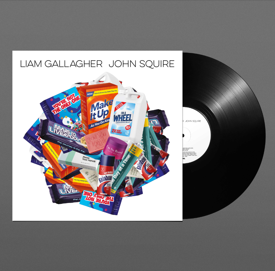 Vinyl record with album cover featuring household items and text.
