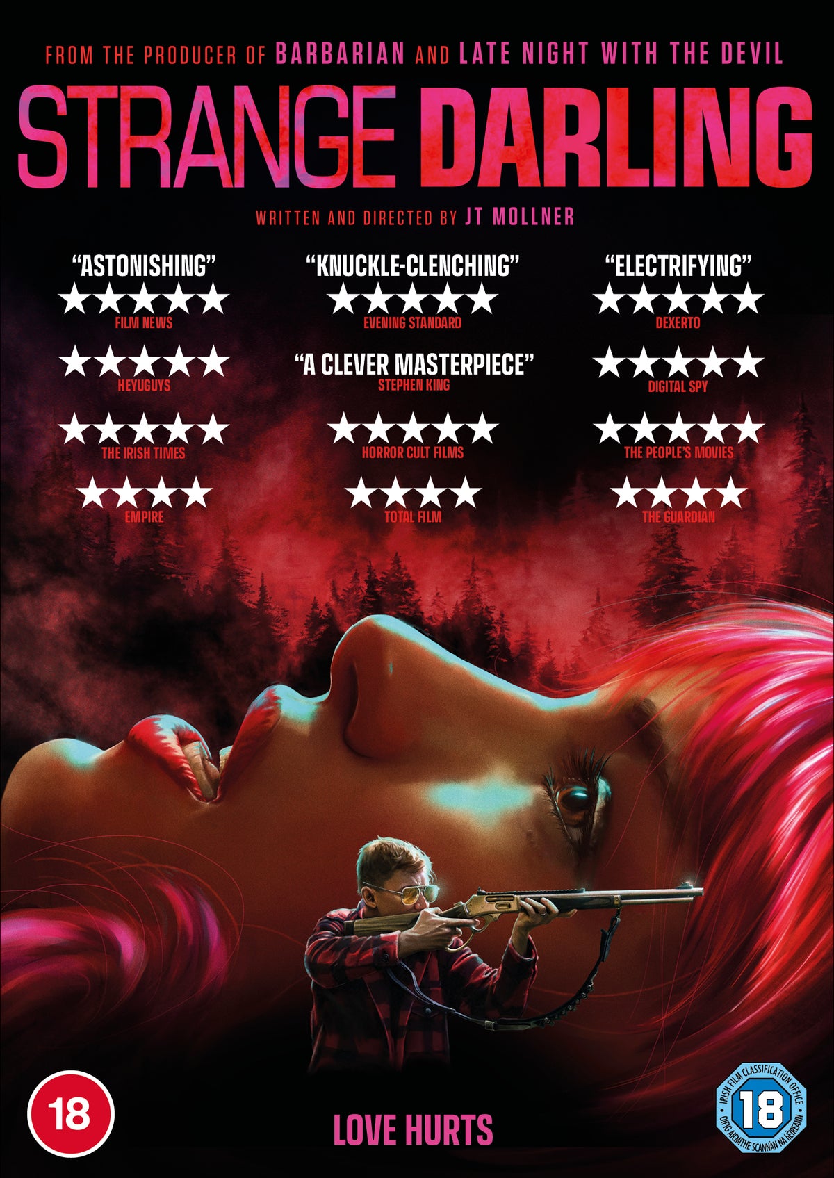 DVD cover for "Strange Darling" showing a woman and a man with a gun.