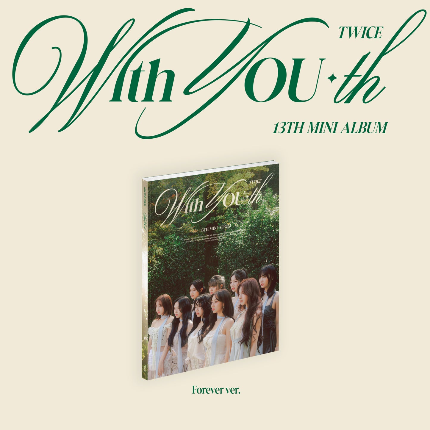 TWICE “With You-th” album cover, dark green with gold calligraphy.