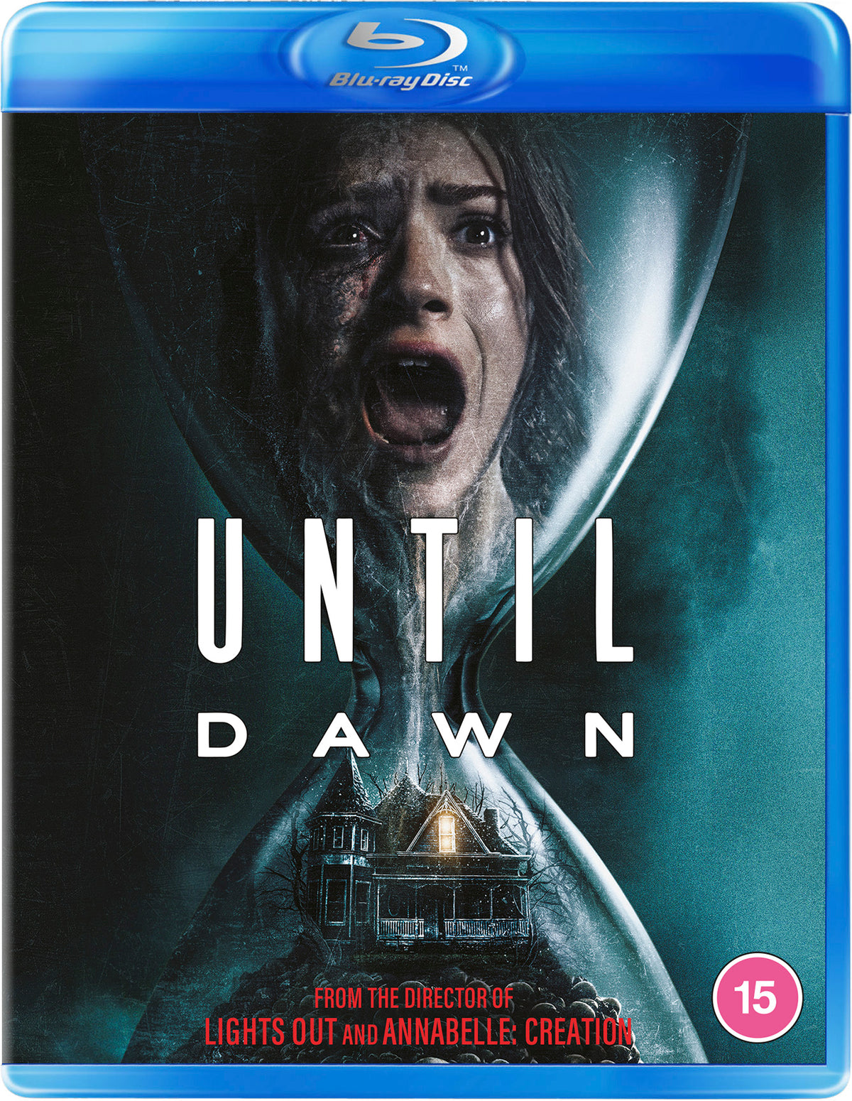 Blu-ray cover for horror game "Until Dawn" featuring a frightened woman.
