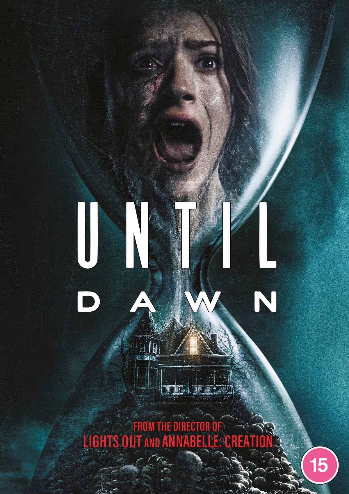 Until Dawn" DVD cover featuring a frightened woman and a shadowy house.