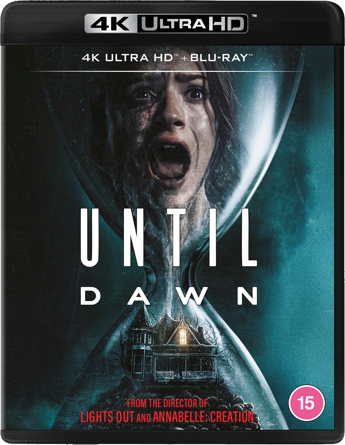 Until Dawn" UHD Blu-ray cover featuring a frightened woman and a dark house.