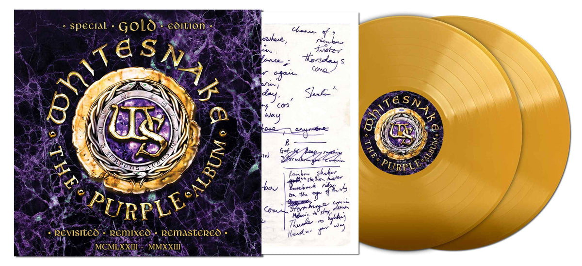 Gold vinyl record of Whitesnake’s “The Purple Album” with cover art.