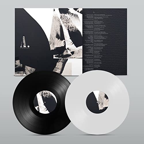 Black and white vinyl record with album artwork of abstract mountains.