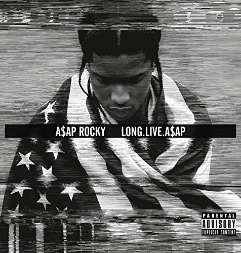 A$ap Rocky album cover, distorted American flag, black and white.