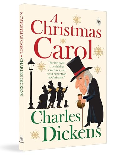 Book cover of A Christmas Carol featuring Ebenezer Scrooge, carolers, and a street lamp.