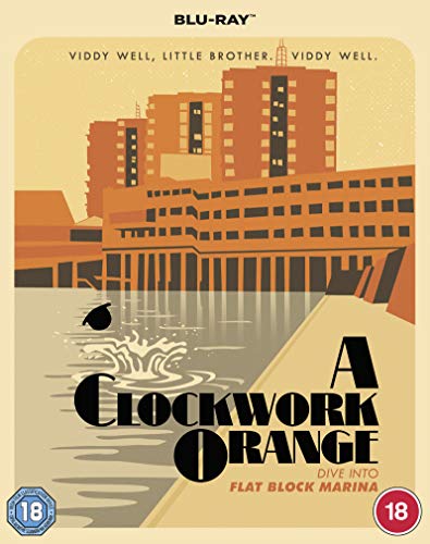 A Clockwork Orange" Blu-ray cover with orange and brown brutalist architecture.