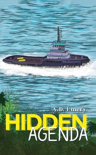 Book cover: tugboat on water, bold green title "Hidden Agenda".