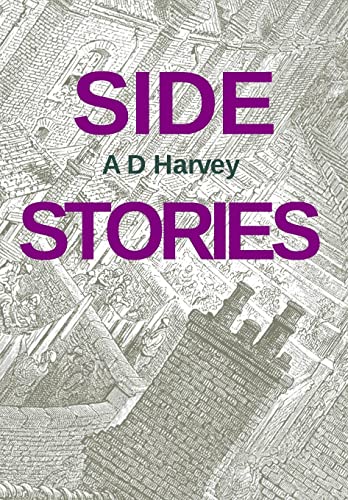 Book cover: "Side Stories" by A D Harvey, with illustrated city background.